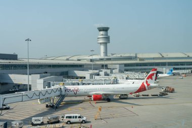 Mississauga, ON, Kanada - 13 Eylül 2024: Toronto Pearson Uluslararası Havalimanı 'na park etmiş Air Canada uçakları. Air Canada Kanada 'nın en büyük havayolu şirketidir..