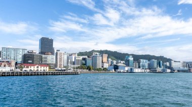 Wellington, Yeni Zelanda - 10 Şubat 2024 Wellington şehir merkezi Wellington, Yeni Zelanda 'da liman kenarında ufuk çizgisi.
