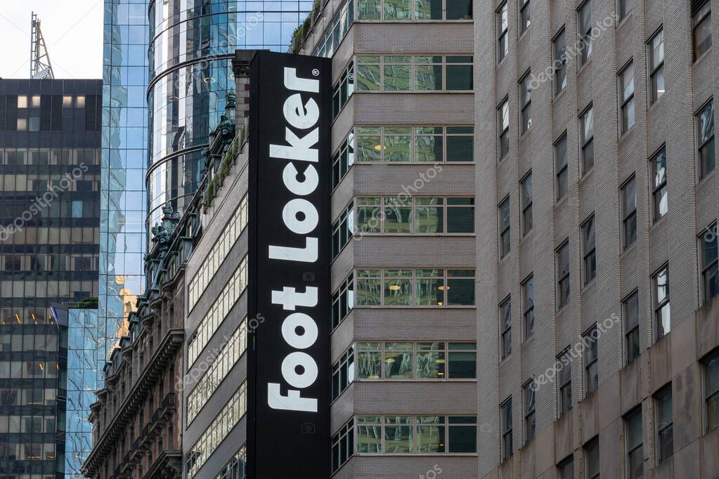 New York City, USA - August 17, 2022: A Foot Locker sign on the building at Times Square in New York City, USA. Foot Locker, Inc. is an American sportswear and footwear retailer.