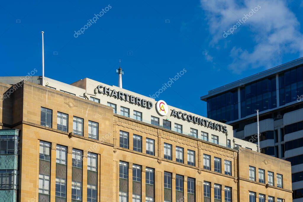 Wellington, New Zealand - February 10, 2024: Chartered Accountants Australia and New Zealand office on Tangihua Street in Wellington, New Zealand.