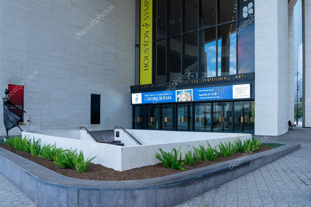 Houston, Texas, USA - April 14, 2024: The entrance to Jones Hall in Houston, Texas, USA. Jones Hall for the Performing Arts is home to Houston Symphony, the Society for the Performing Arts.