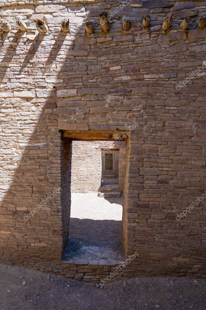 Doorway at Pueblo Bonito in Chaco Culture National Historical Park, New Mexico, USA. Pueblo Bonito is the largest great house in Chaco Culture National Historical Park.