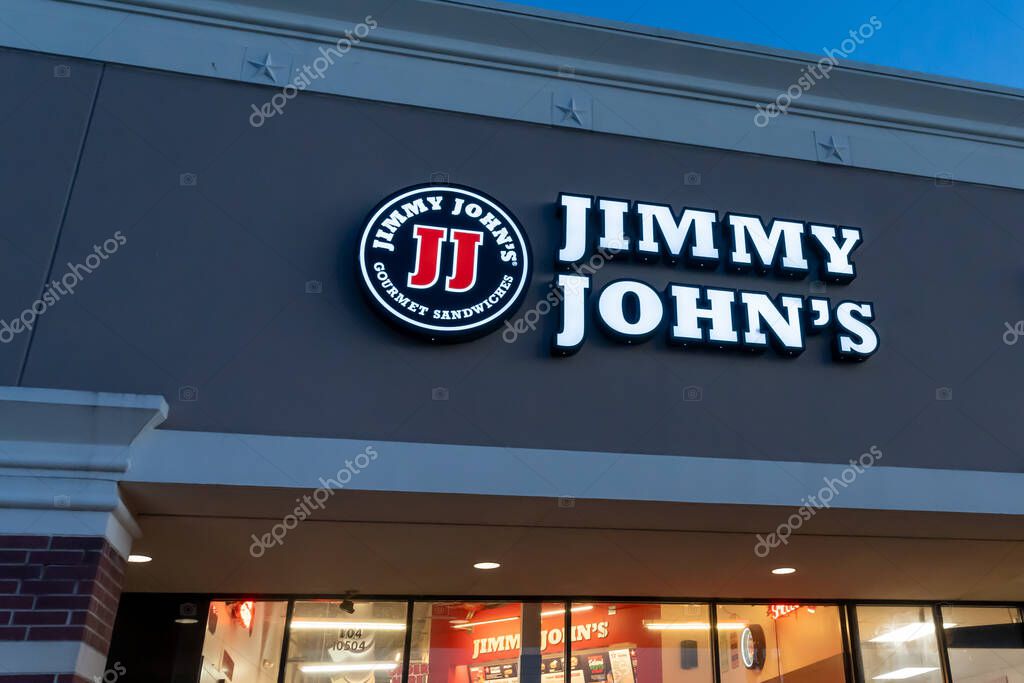 Pearland, TX, USA - April 12, 2024: Jimmy John's logo sign on the building in Pearland, TX, USA. Jimmy John's is an American sandwich chain.