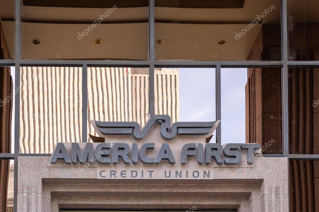 Salt Lake City, Utah, USA - May 12, 2023: America First Credit Union sign on the building in Salt Lake City, Utah, USA. America First Credit Union is an American federally chartered credit union