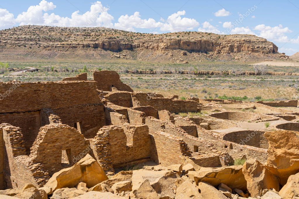 Ancient ruins at Pueblo Bonito in Chaco Culture National Historical Park, New Mexico, USA. Pueblo Bonito is the largest great house in Chaco Culture National Historical Park.
