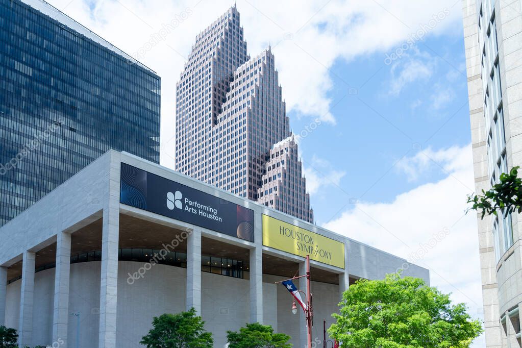 Houston, Texas, USA - April 14, 2024: Jones Hall in Houston, Texas, USA. Jones Hall for the Performing Arts is home to Houston Symphony, the Society for the Performing Arts.