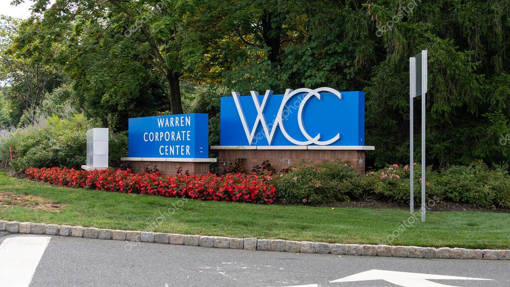 The sign for WCC (Warren Corporate Center) in New Jersey, USA. August 23, 2022. WCC is New Jerseys premier corporate office campus.