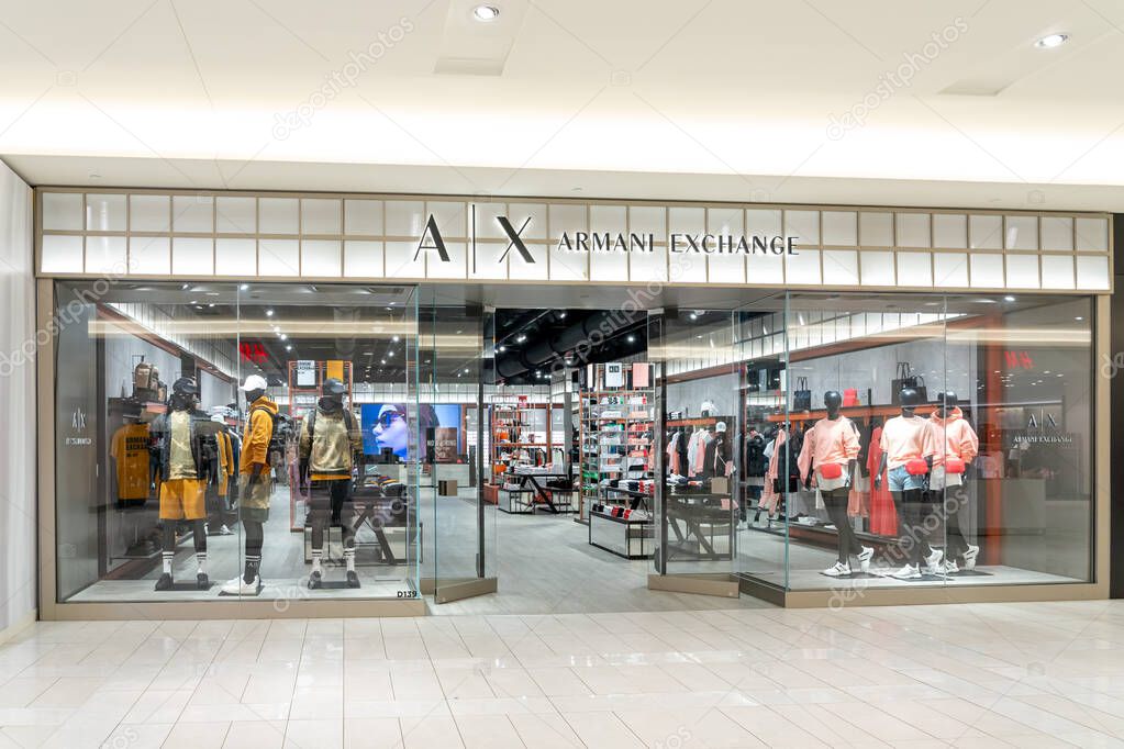 East Rutherford, NJ, USA - August 16, 2022: An Armani Exchange store at the American Dream mall in East Rutherford, NJ, USA. Armani Exchange is the affordable line within the Armani family.
