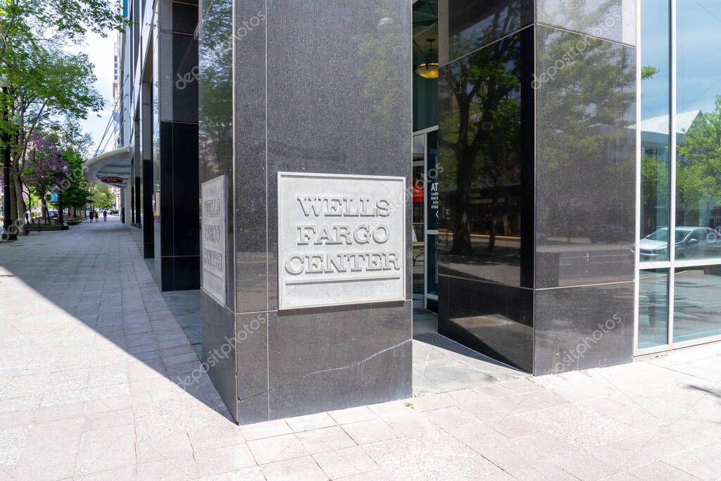 Wells Fargo Center sign in Salt Lake City, Utah, USA - May 12, 2023. Wells Fargo Center is the tallest skyscraper located in Downtown Salt Lake City.