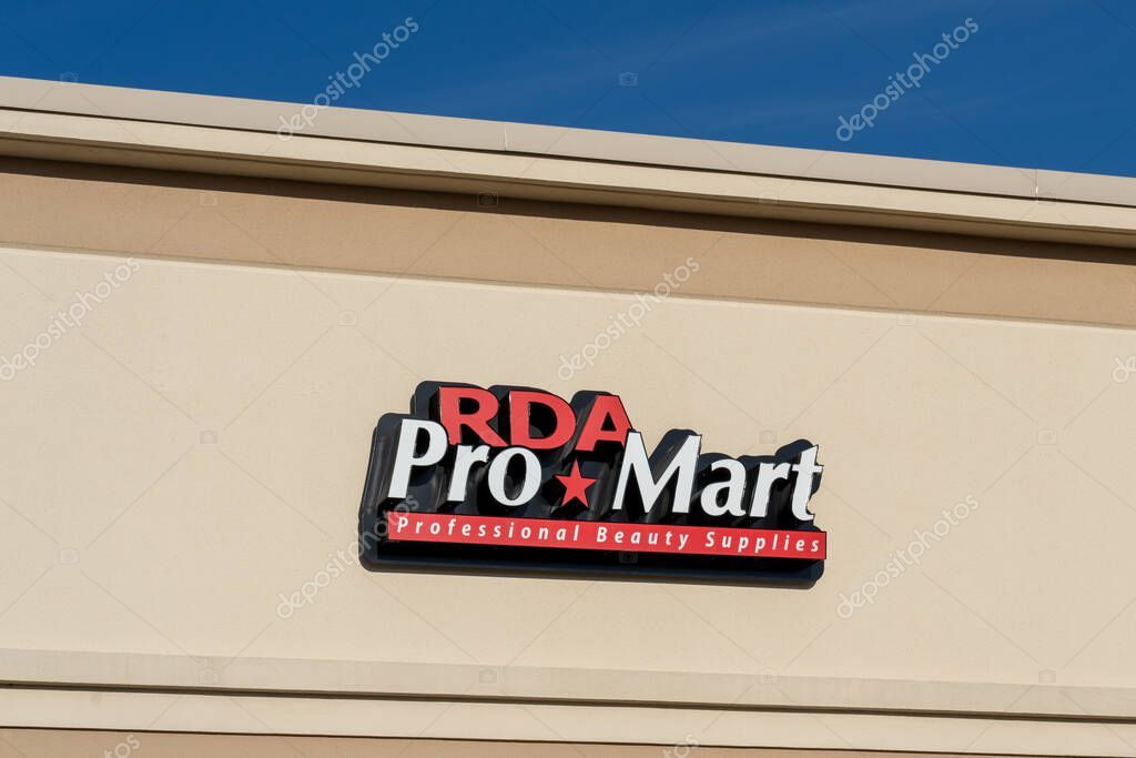 Pearland, TX, USA - April 12, 2024: Closeup of RDA Promart Beauty Supply store logo sign on the building in Pearland, TX, USA.