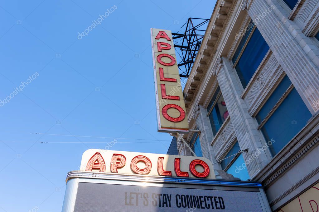 New York City, USA - August 19, 2022: The Apollo Theater logo sign on the building is seen in New York City, USA. The Apollo Theater is a multi-use theater in Upper Manhattan in New York City.