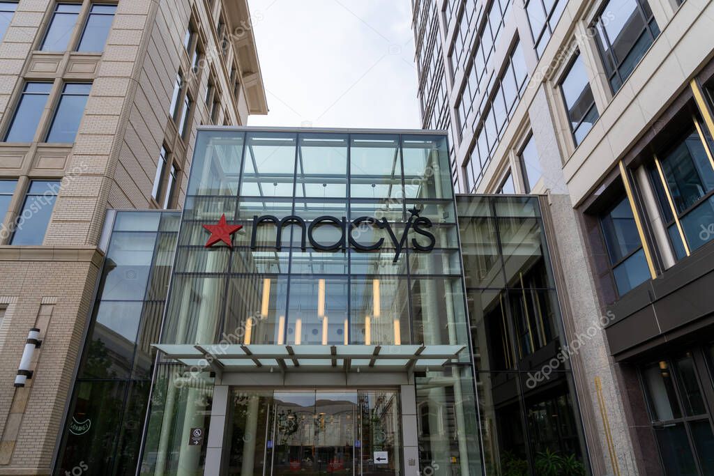 Salt Lake City, Utah, USA - May 12, 2023: A Macys store sign at City Creek Center in Salt Lake City, Utah, USA. Macys is an American chain of high-end department stores.