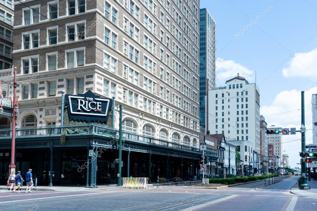 Houston, TX, USA - April 14, 2024: The Rice apartment on Texas Ave in downtown Houston, TX, USA.
