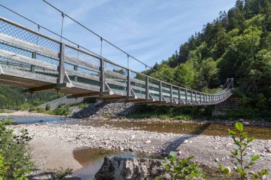 NEW BRUNSWICK, CANADA - 4 Ağustos 2017: Fundy Ulusal Parkı New Brunswick Kanada 'daki Somon Nehri' nden geçen asma köprü.