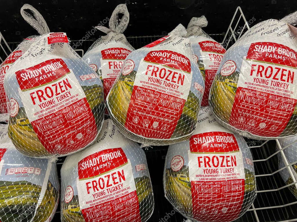 Boston, MA, USA - November 9, 2023: Shady Brook Farms Frozen Whole Turkeys for sale on the shelves in a supermarket. Boston, MA, USA.