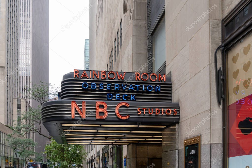 The Rainbow Room, Observation Deck and NBC Studios sign on the Building in New York City, NY, USA, August 21, 2022.