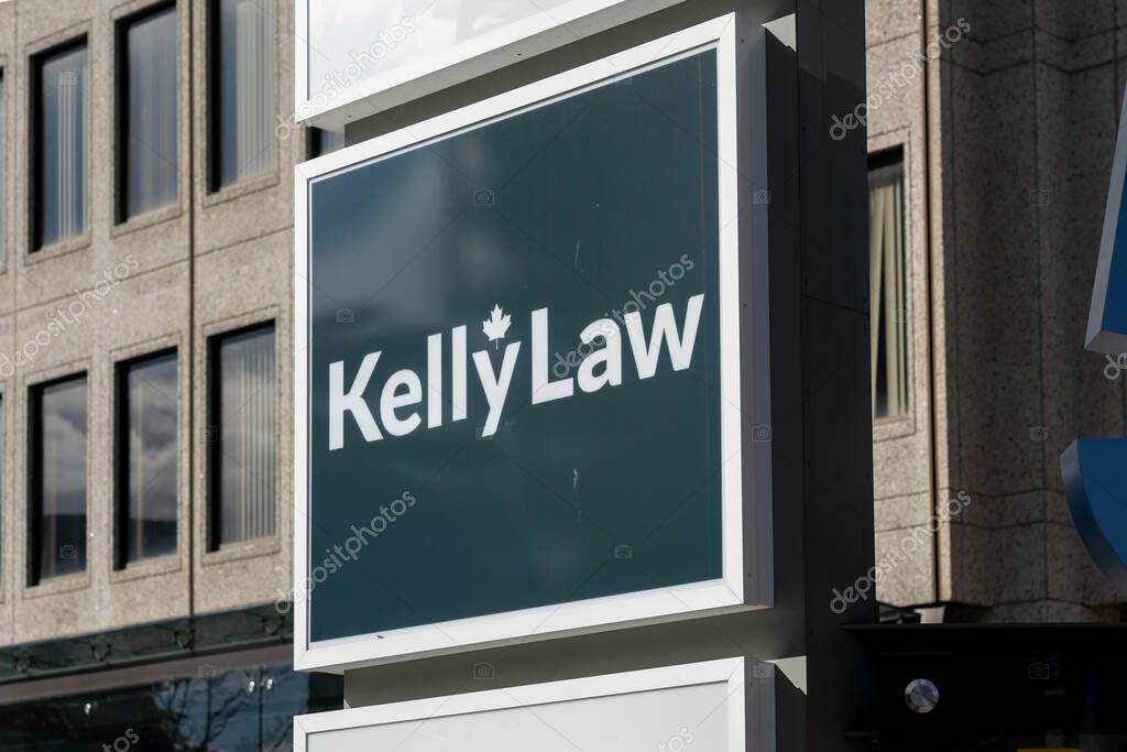 Kitchener, Ontario, Canada - October 17, 2020: Close up of Kelly Law sign in Kitchener, Ontario, Canada. Kelly is a full-service law firm providing legal services