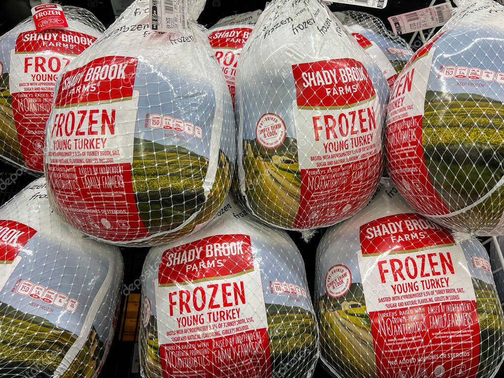Boston, MA, USA - November 9, 2023: Shady Brook Farms Frozen Whole Turkeys for sale on the shelves in a supermarket. Boston, MA, USA.
