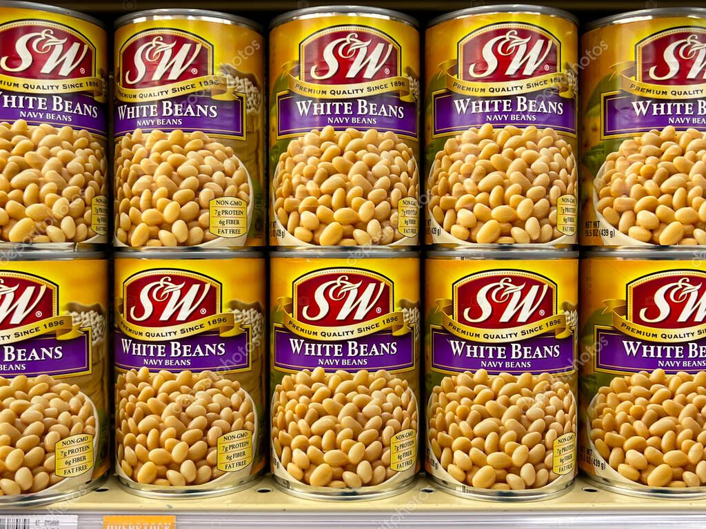 S and W White Beans 15 oz cans on the shelves in a supermarket. Salt Lake City, Utah, USA - May 13, 2023.