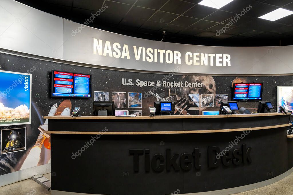 Huntsville, Alabama, USA - December 29, 2021: Interior view of the NASA Visitor Center Ticket Desk at Marshall Space Flight Center is shown in Huntsville, Alabama, USA.