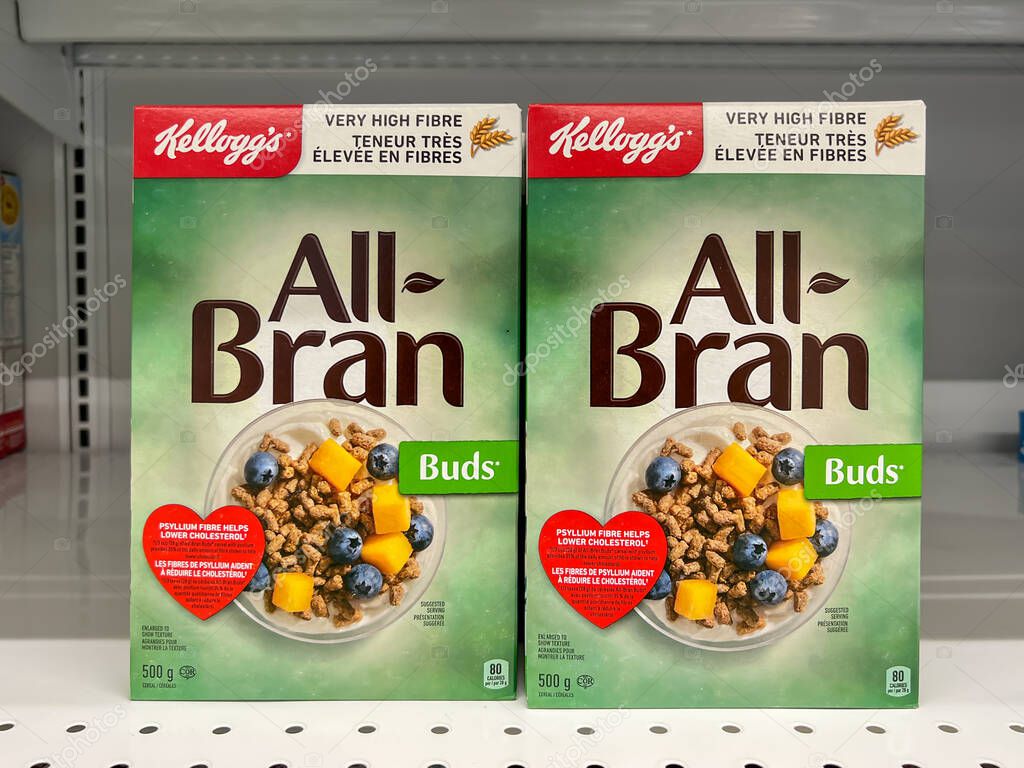 Calgary, Alberta, Canada - July 18, 2023: All-Bran Buds Cereal 500g boxes for sale on the shelves in a supermarket. Calgary, Alberta, Canada.