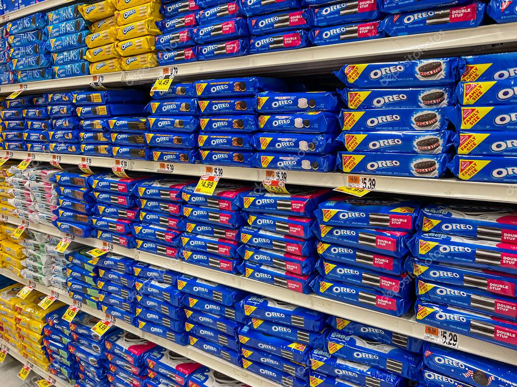 Boston, MA, USA - November 9, 2023: Variety of OREO Cookies for sale on the shelves in a supermarket. Boston, MA, USA.