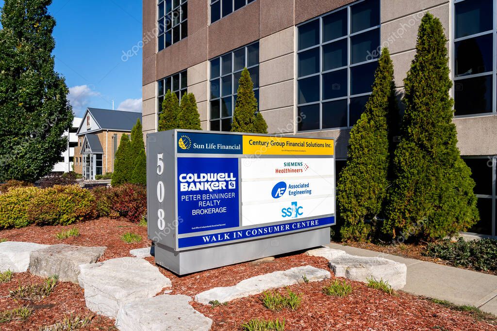Kitchener, Ontario, Canada - October 17, 2020: Coldwell Banker office in Kitchener, Ontario, Canada. Coldwell Banker Peter Benninger Realty Ltd is full service Real Estate Brokerage.