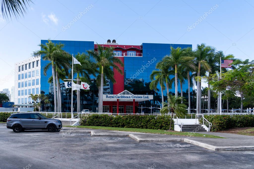 Miami, FL, US - January 2, 2022: Royal Caribbean Groups headquarters in Miami, USA. Royal Caribbean Group, formerly known as Royal Caribbean Cruises Ltd., is an American global cruise holding company