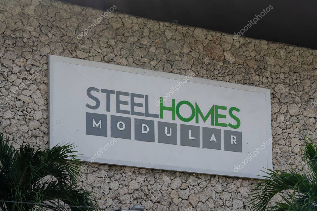 Opa-locka, FL, USA - January 2, 2022: STEELHOMES Modular sign at their headquarters in Opa-locka, FL, USA. STEELHOMES manufacture LGS structures for the construction of prefabricated Modular building