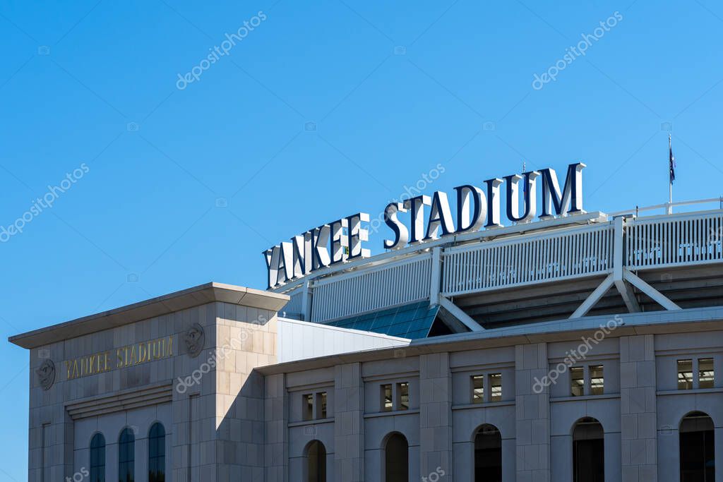 New York, NY, USA - August 19, 2022: Yankee Stadium sign is seen in New York, NY, USA, August 19, 2022. The current Yankee Stadium is a baseball stadium located in the Bronx, New York City.