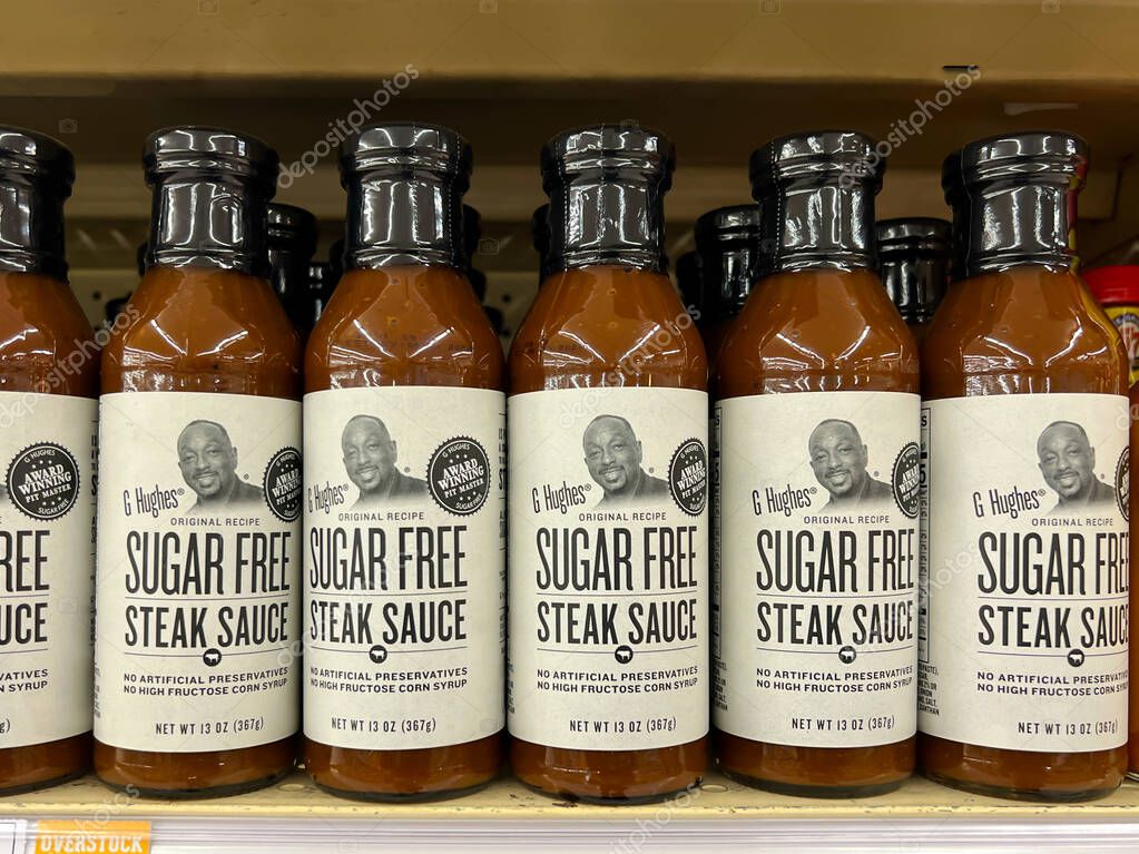 G Hughes Sugar Free Steak Sauce 13 oz bottles on the shelves in a supermarket. Salt Lake City, Utah, USA - May 13, 2023.