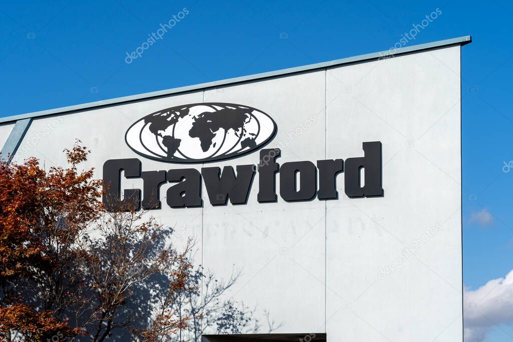 Kitchener, Ontario, Canada - October 17, 2020: Crawford sign in Kitchener, Ontario, Canada. Crawford Company (Canada) is an independent adjusting firm specializing in claims and risk management.