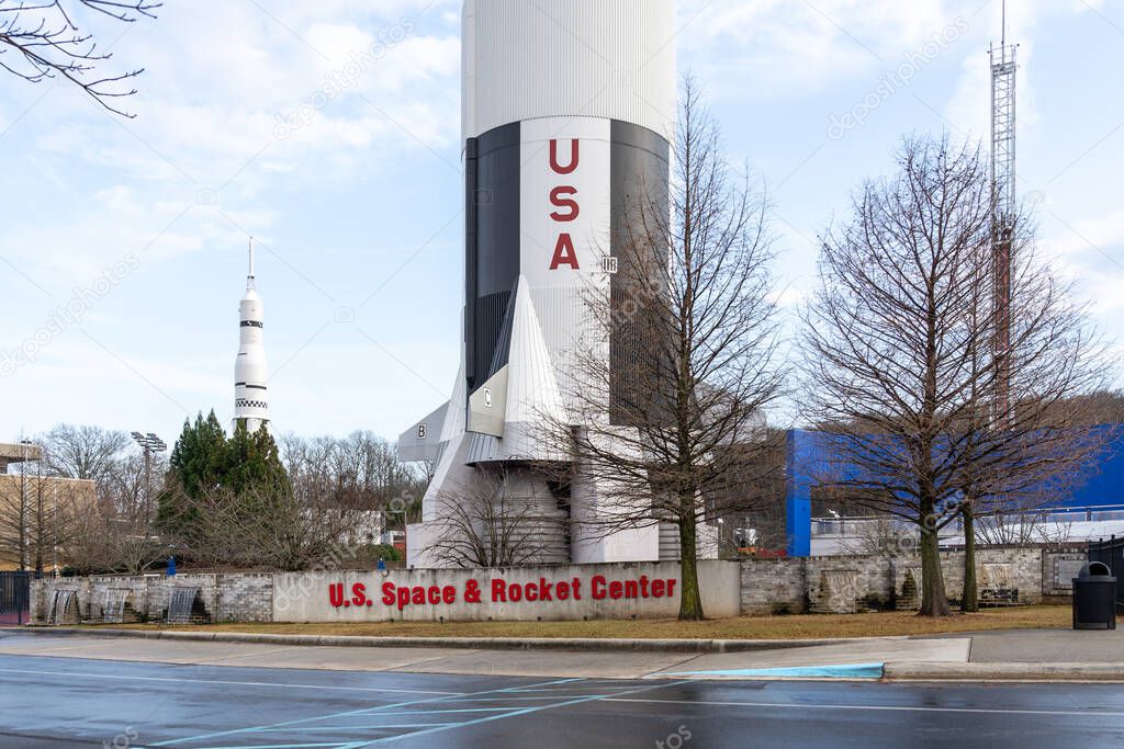 Huntsville, Alabama, USA - December 29, 2021: The base of Saturn V rocket mock up at U.S. Space and Rocket Center in Huntsville, Alabama, USA.