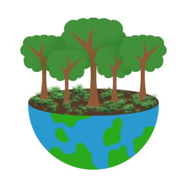 Dünya Çevre Günü kutlu olsun. Yeşil ağaçlı Dünya vektör illüstrasyonu.