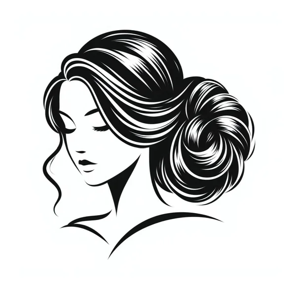 Silhouette of the head of a cute lady. The girl shows a hairstyle bundle on long and medium hair. Suitable for logo, advertising. Vector illustration.