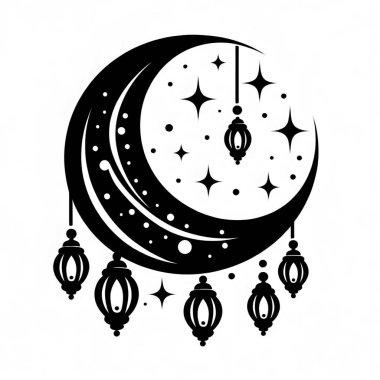 Ay ve yıldız. Beyaz arkaplanda düz biçimdeki vektör illüstrasyonu.