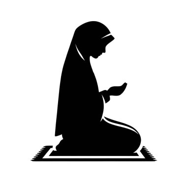 Müslüman bir kadının beyaz arka planda dua edişinin vektör çizimi. Müslüman kadın dua ediyor.