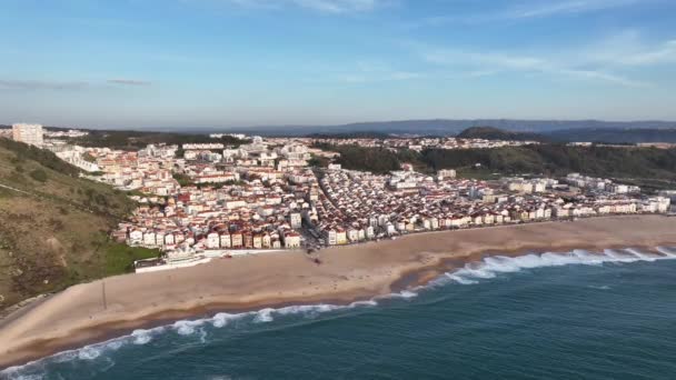 Nazare Town Portugal Plage Paysage Urbain Point Vue Drone — Video