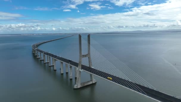 Vasco Gama Bridge Lisbon Portugal Tagus River Drone Point View — Vídeo de stock