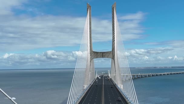 Vasco Gama Bridge Lisbon Portugal Tagus River Drone Point View — Vídeo de stock