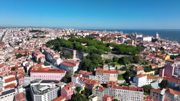 Lisbon City Downtown Castle Portugal Drone Point View Sightseeing Places — Vídeos de Stock