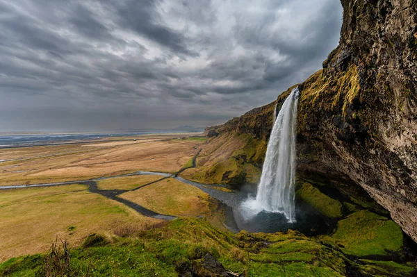 Seljalandsfoss Waterfall Iceland One Ost Famous Waterfall Iceland Cloudy Sky — Stock fotografie