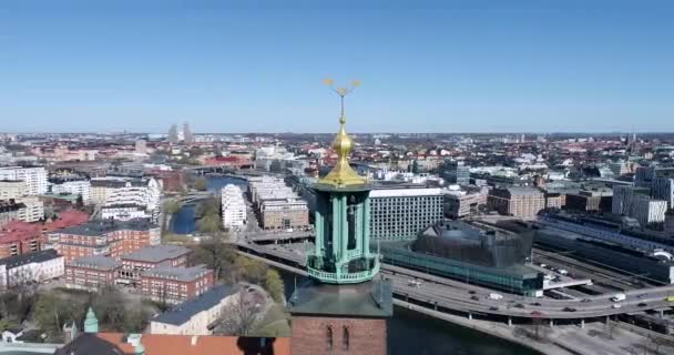 Stockholm City Hall Roof Golden Crowns Top Sweden Drone — Stock videók
