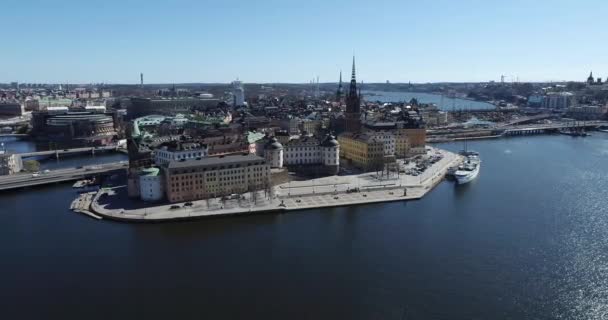 Stockholm Downtown Sweden Island Riddarholmen Church Roof Background Drone — Stok video