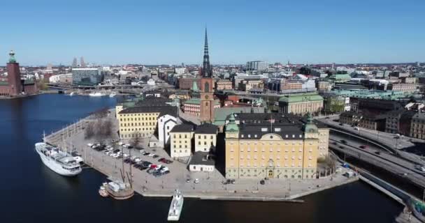 Stockholm Downtown Sweden Island Riddarholmen Church Roof Background Drone — Vídeos de Stock