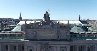 Roof of Parliament House Riksdagshuset in Stockholm, Sweden. Riksdag - Building of the Swedish Parliament. 4k Drone