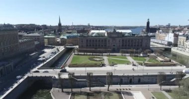 Roof of Parliament House Riksdagshuset in Stockholm, Sweden. Riksdag - Building of the Swedish Parliament. 4k Drone