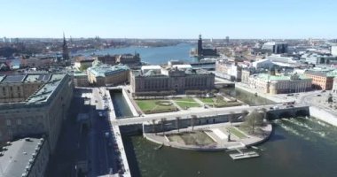 Roof of Parliament House Riksdagshuset in Stockholm, Sweden. Riksdag - Building of the Swedish Parliament. 4k Drone