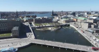 Roof of Parliament House Riksdagshuset in Stockholm, Sweden. Riksdag - Building of the Swedish Parliament. 4k Drone
