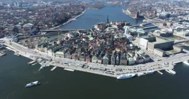 Stockholm Old Town and One of the most Famous City Island in Background. Sweden. Drone Point of View.